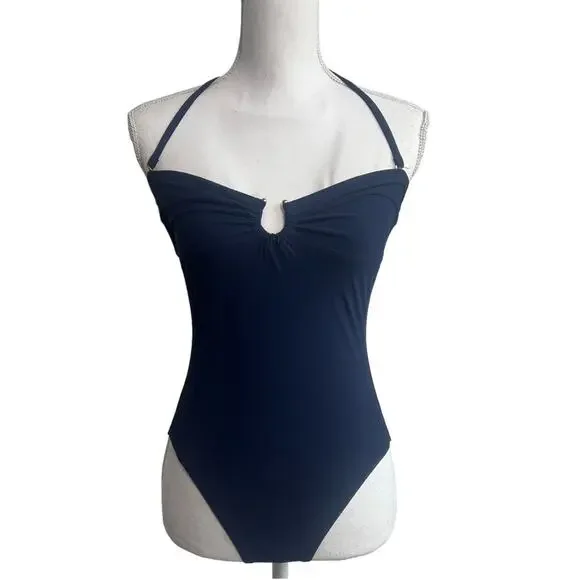 TORY BURCH SOLID BANDEAU ONE PIECE SWIMSUIT TORY NAVY SIZE SMALL NEW